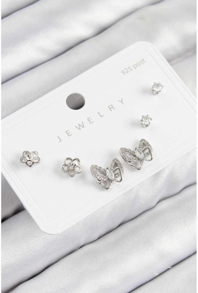 Shoecide Pirinç Zirkon Taşlı Kelebek Model Gümüş Renk 925 Ayar Gümüş Çivi Kadın Küpe Set