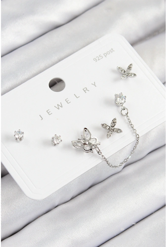 Shoecide Pirinç Zirkon Taşlı Kelebek Model Gümüş Renk 925 Ayar Gümüş Çivi Kadın Küpe Set