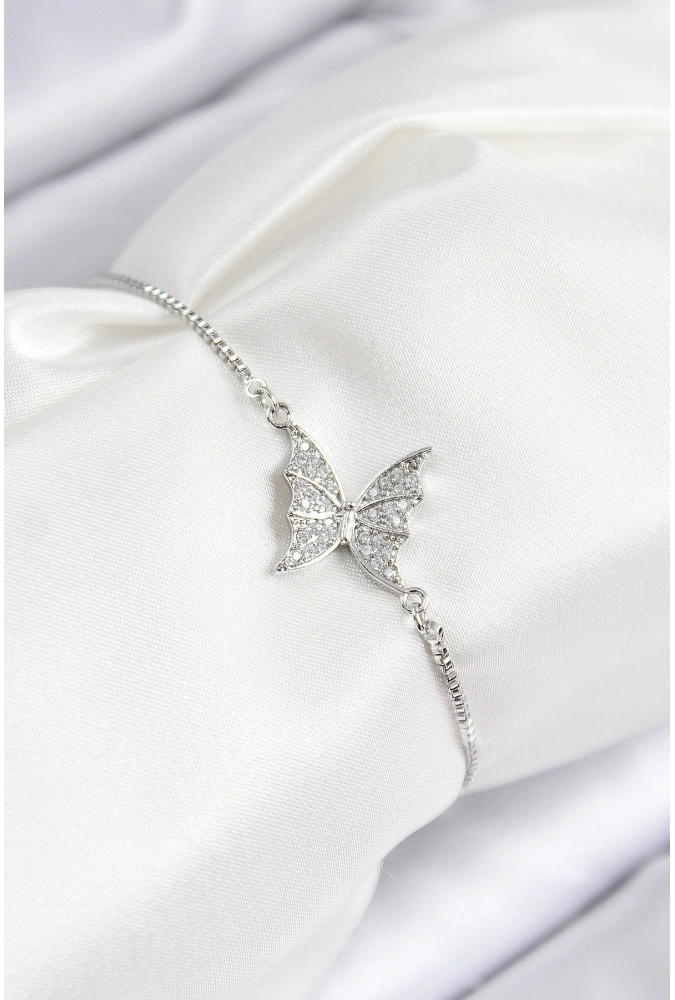 Shoecide Pirinç Zirkon Taşlı Kelebek Model Gümüş Renk Asansörlü Kadın Bileklik