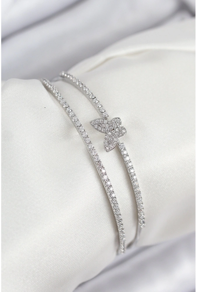 Shoecide Pirinç Zirkon Taşlı Kelebek Model Gümüş Renk Kadın Bileklik