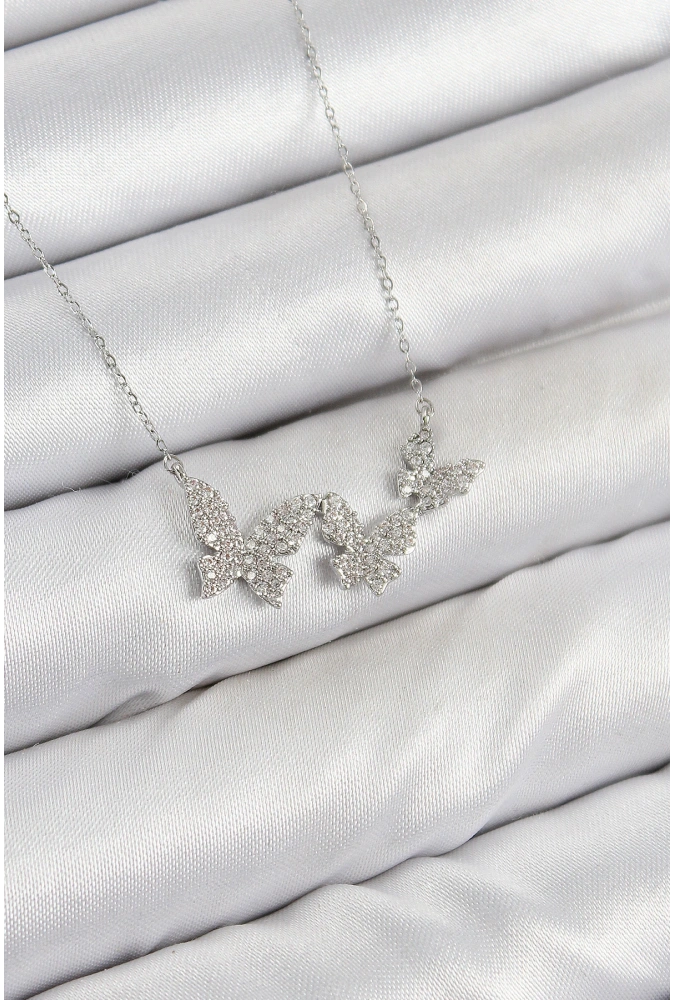 Shoecide Pirinç Zirkon Taşlı Kelebek Model Gümüş Renk Kadın Kolye