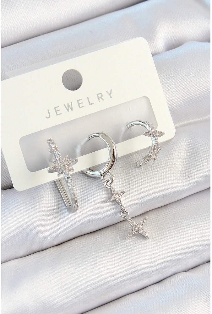 Shoecide Pirinç Zirkon Taşlı Kelebek Ve Sallantılı Yıldız Model Gümüş Renk 3lü Çift Kadın Küpe Set