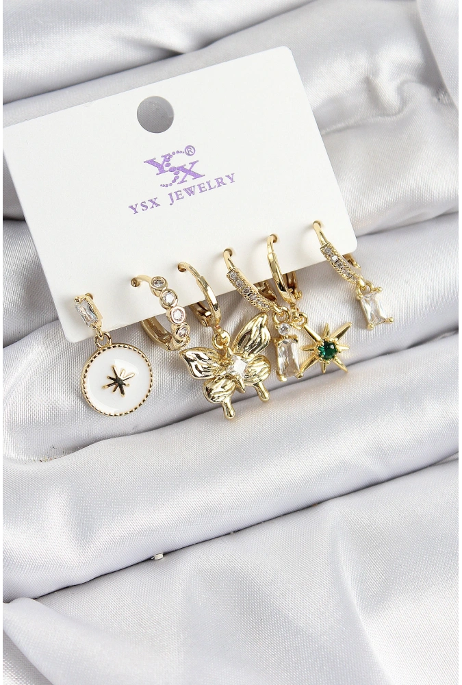 Shoecide Pirinç Zirkon Taşlı Kelebek Ve Yıldız Model Gold Renk 3lü Çift Kadın Küpe