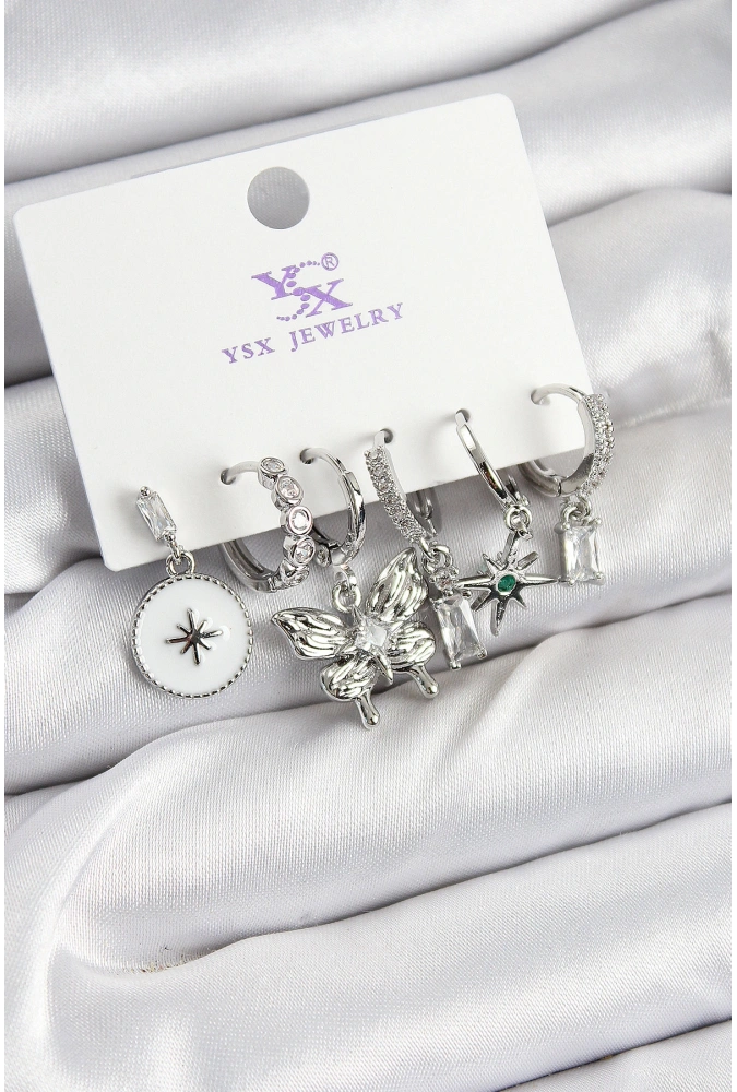 Shoecide Pirinç Zirkon Taşlı Kelebek Ve Yıldız Model Gümüş Renk 3lü Çift Kadın Küpe