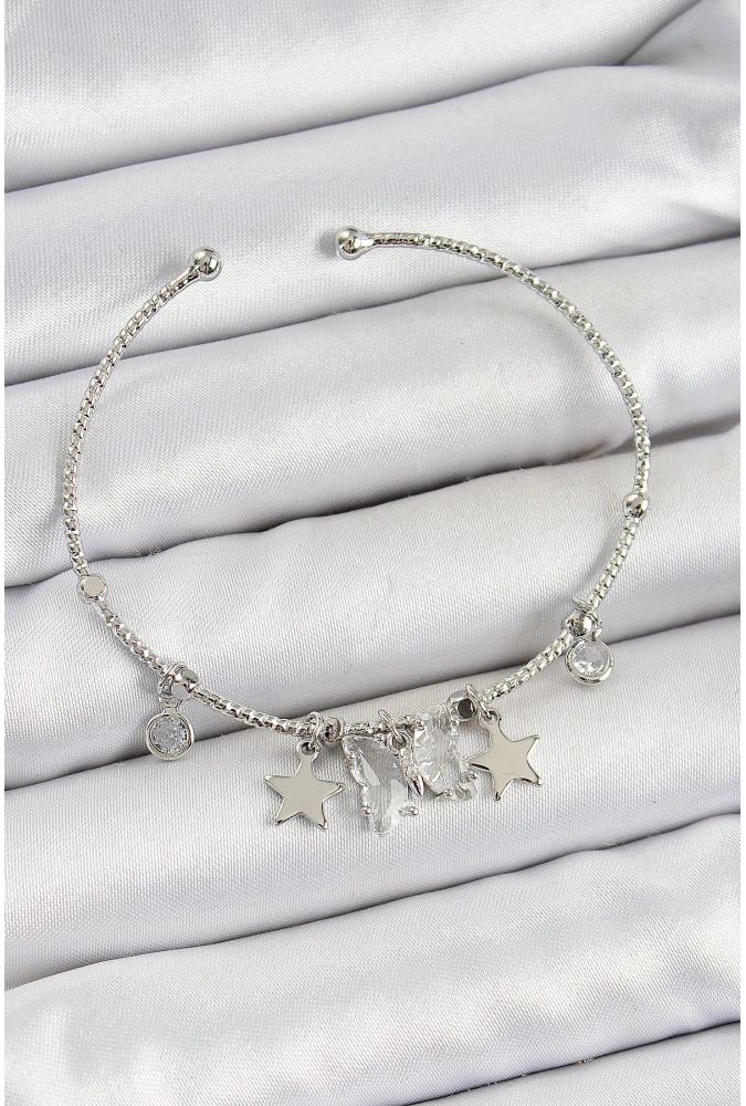 Shoecide Pirinç Zirkon Taşlı Kelebek Ve Yıldız Model Gümüş Renk Charm Bileklik