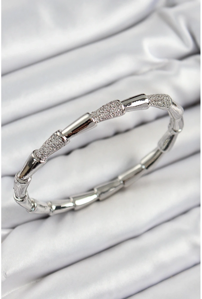 Shoecide Pirinç Zirkon Taşlı Kemik Model Gümüş Renk Vip Kadın Bileklik