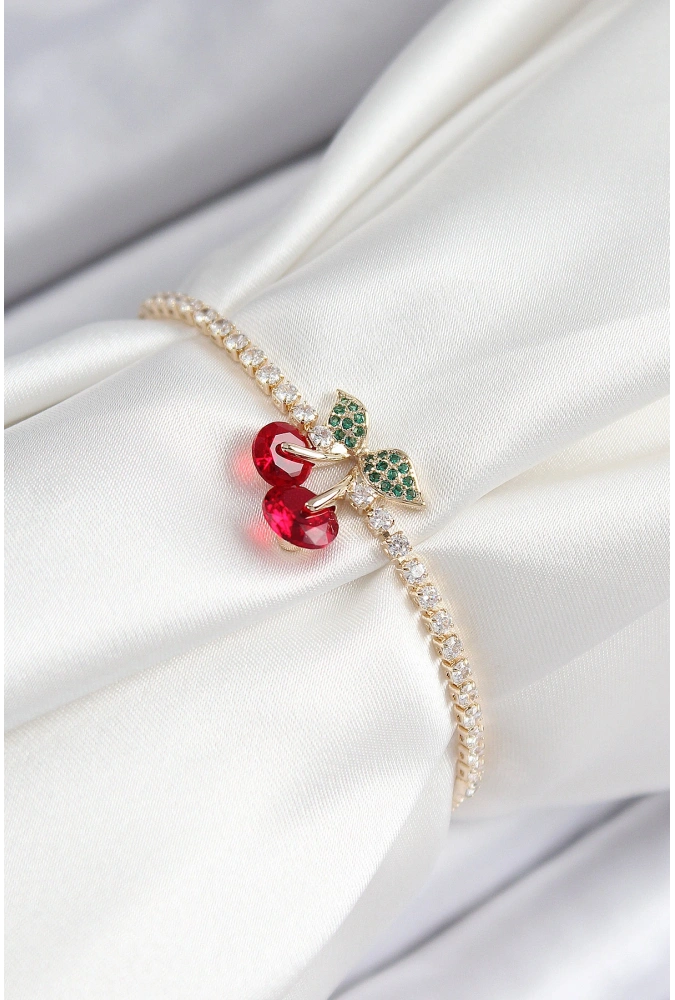 Shoecide Pirinç Zirkon Taşlı Kiraz Model Gold Renk Asansörlü Kadın Bileklik