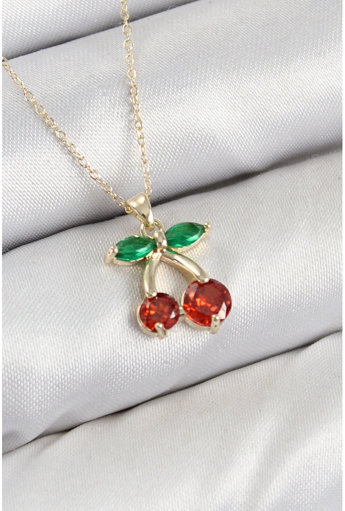 Shoecide Pirinç Zirkon Taşlı Kiraz Model Gold Renk Kadın Kolye