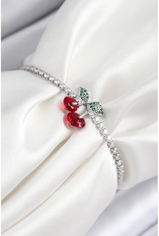 Shoecide Pirinç Zirkon Taşlı Kiraz Model Gümüş Renk Asansörlü Kadın Bileklik