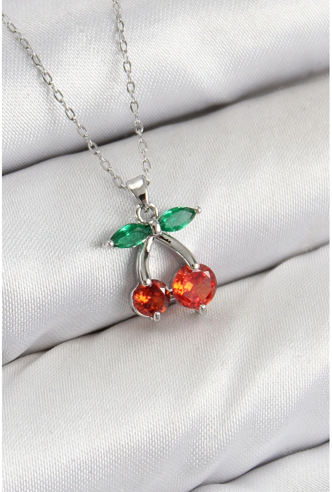 Shoecide Pirinç Zirkon Taşlı Kiraz Model Gümüş Renk Kadın Kolye