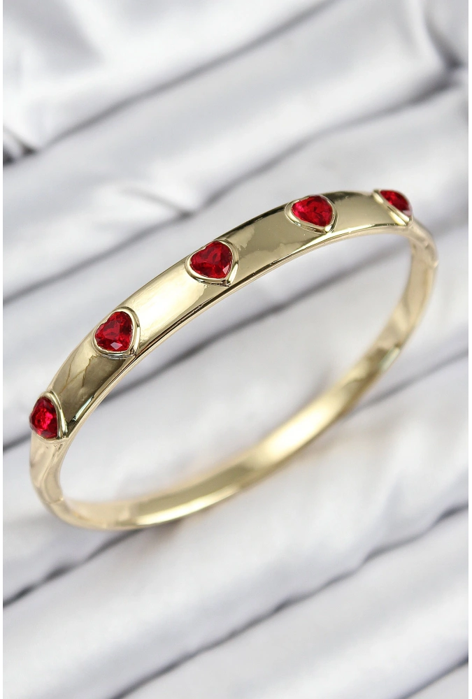 Shoecide Pirinç Zirkon Taşlı Kırmızı Kalp Model Gold Renk Kadın Kelepçe