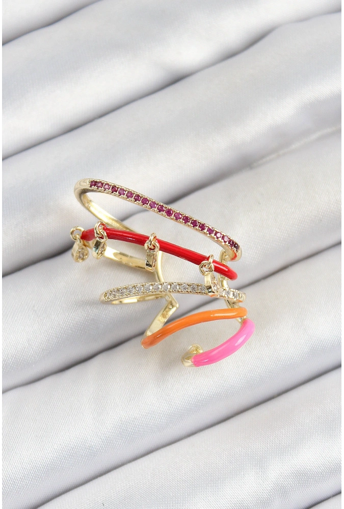 Shoecide Pirinç Zirkon Taşlı Kırmızı Turuncu Pembe Sıkıştırma Sağ Kıkırdak Gold Renk Kadın Küpe