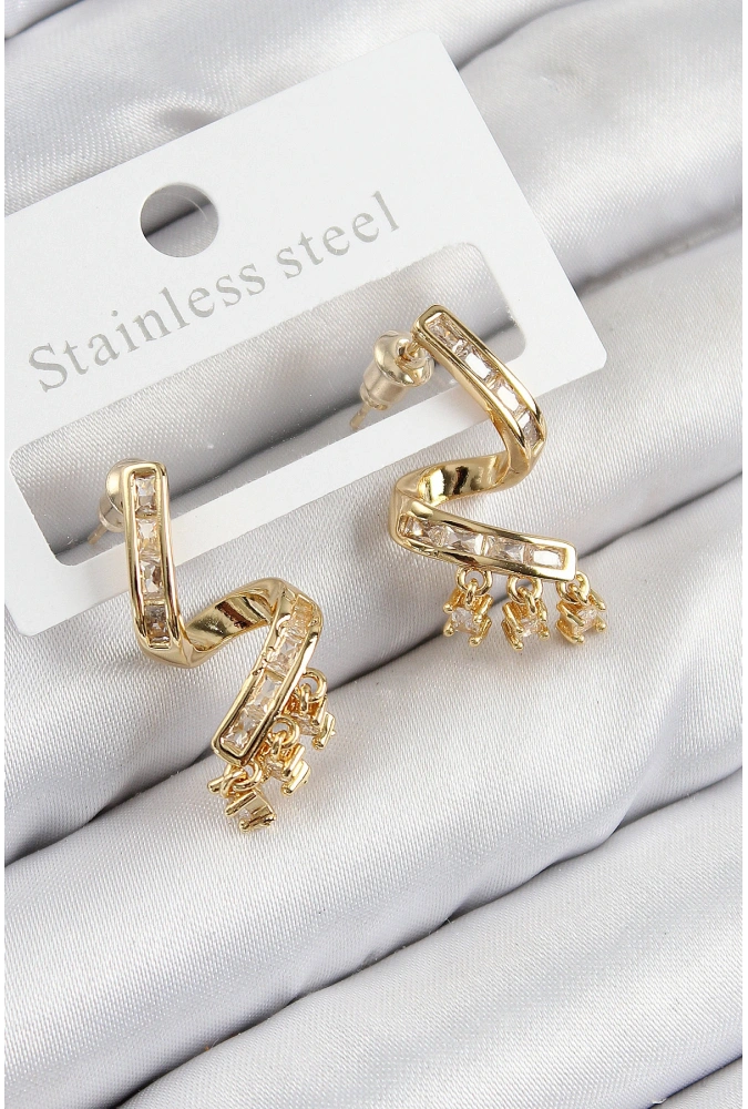 Shoecide Pirinç Zirkon Taşlı Kıvrımlı Model Gold Renk Kadın Küpe