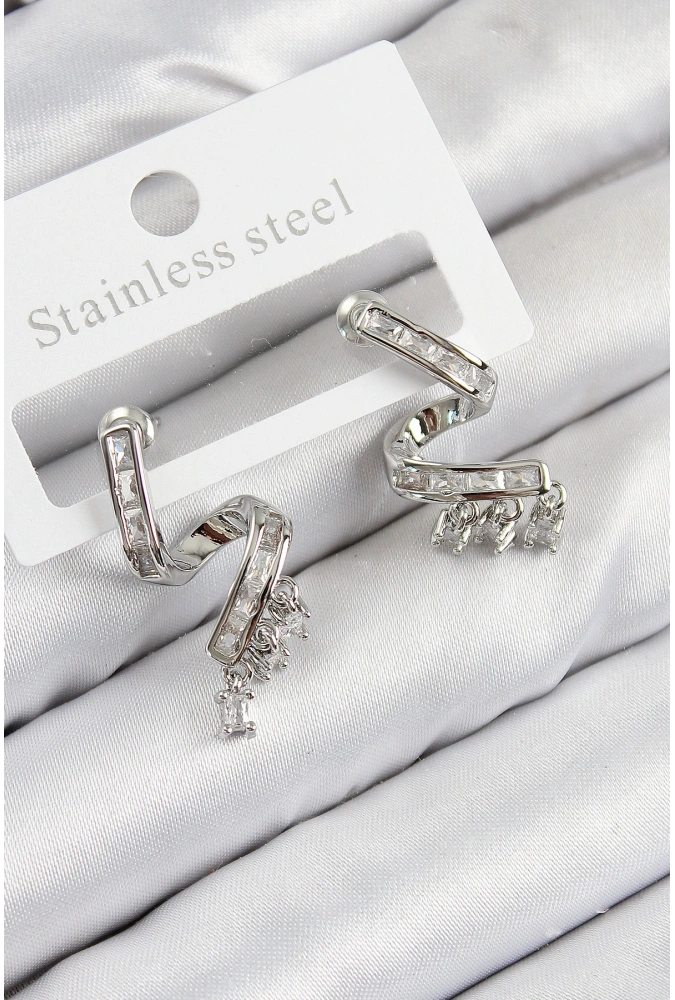 Shoecide Pirinç Zirkon Taşlı Kıvrımlı Model Gümüş Renk Kadın Küpe