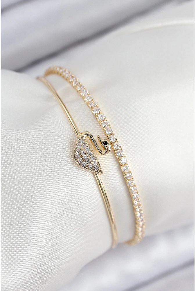 Shoecide Pirinç Zirkon Taşlı Kuğu Model Gold Renk Kadın Bileklik