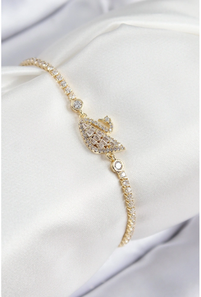 Shoecide Pirinç Zirkon Taşlı Kuğu Model Gold Renk Kadın Bileklik