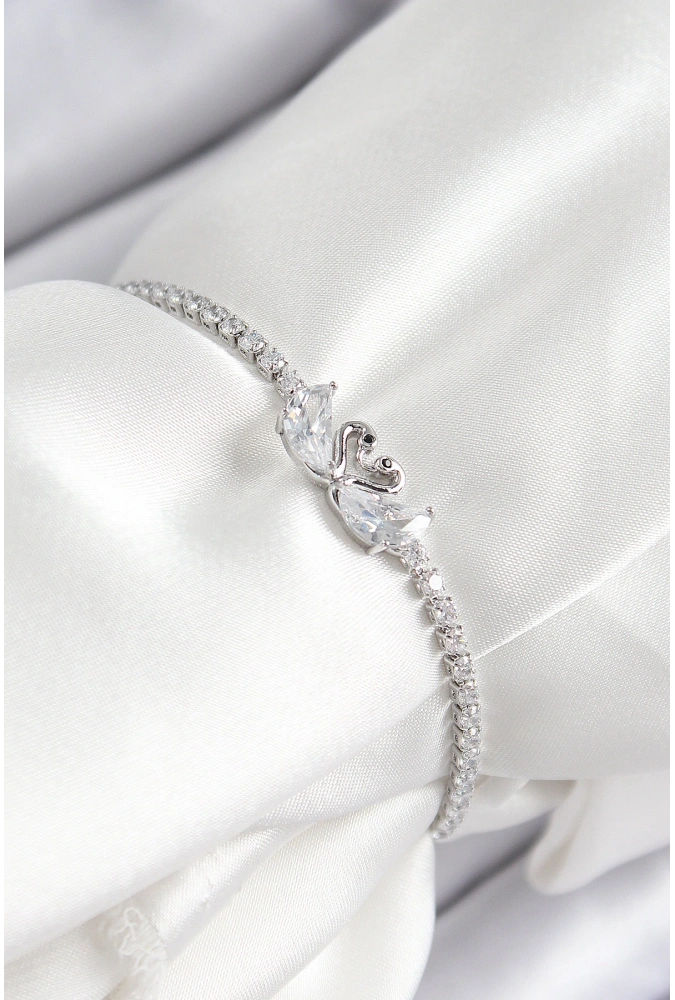 Shoecide Pirinç Zirkon Taşlı Kuğu Model Gümüş Renk Asansörlü Kadın Bileklik