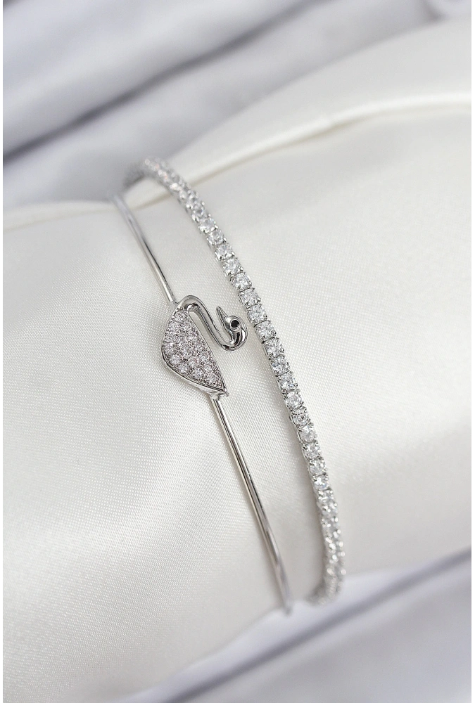 Shoecide Pirinç Zirkon Taşlı Kuğu Model Gümüş Renk Kadın Bileklik