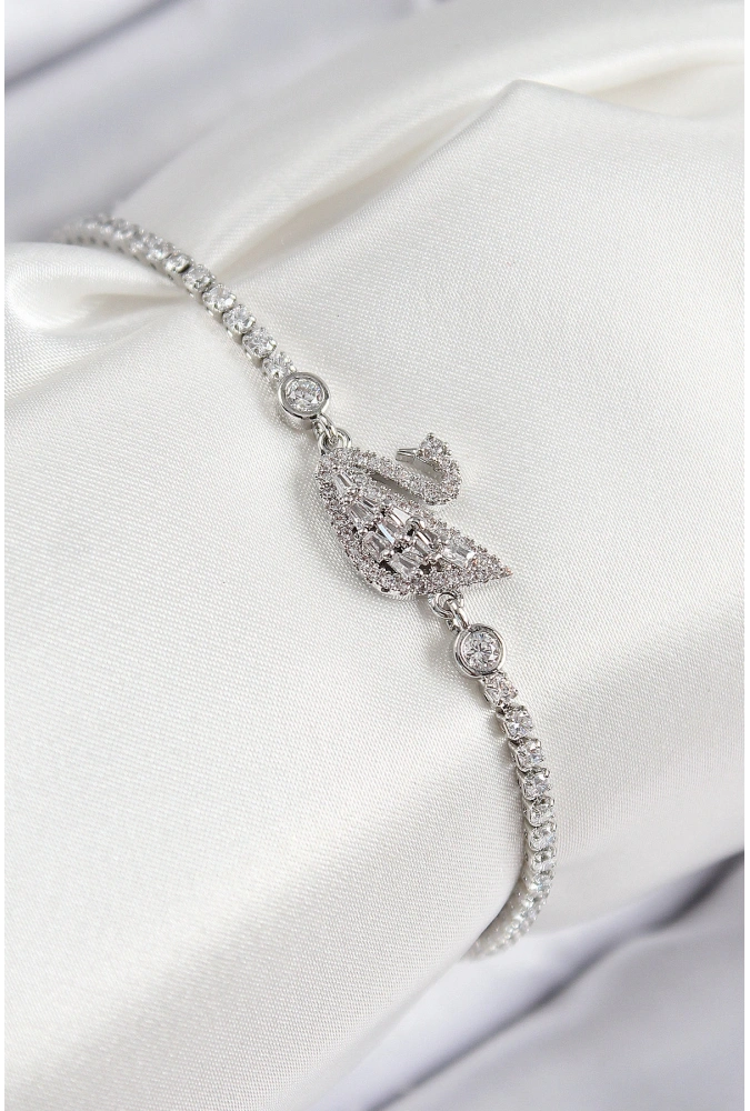 Shoecide Pirinç Zirkon Taşlı Kuğu Model Gümüş Renk Kadın Bileklik