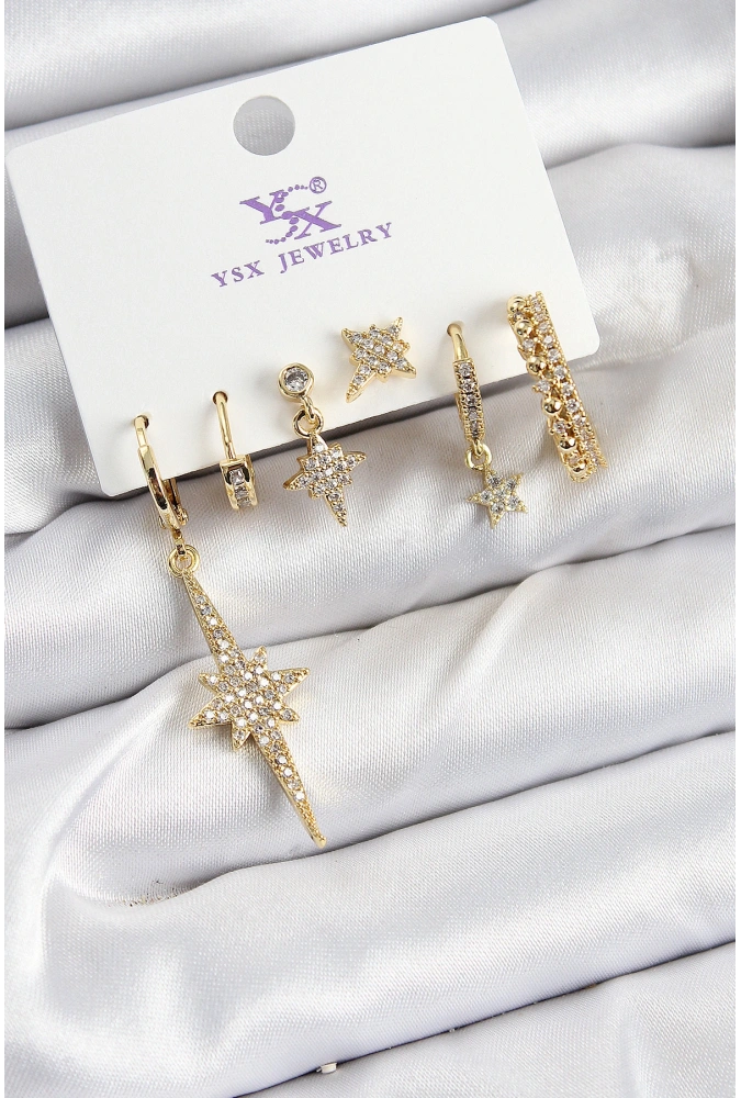 Shoecide Pirinç Zirkon Taşlı Kutup Yıldızı Model Gold Renk 3lü Çift Kadın Küpe