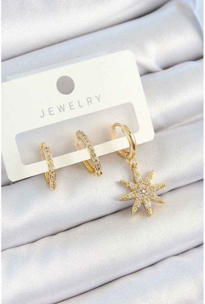 Shoecide Pirinç Zirkon Taşlı Kutup Yıldızı Model Gold Renk 3lü Çift Kadın Küpe Set