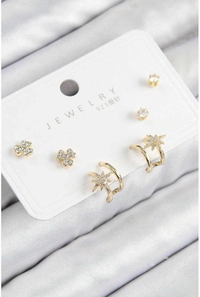 Shoecide Pirinç Zirkon Taşlı Kutup Yıldızı Model Gold Renk 925 Ayar Gümüş Çivi Kadın Küpe Set