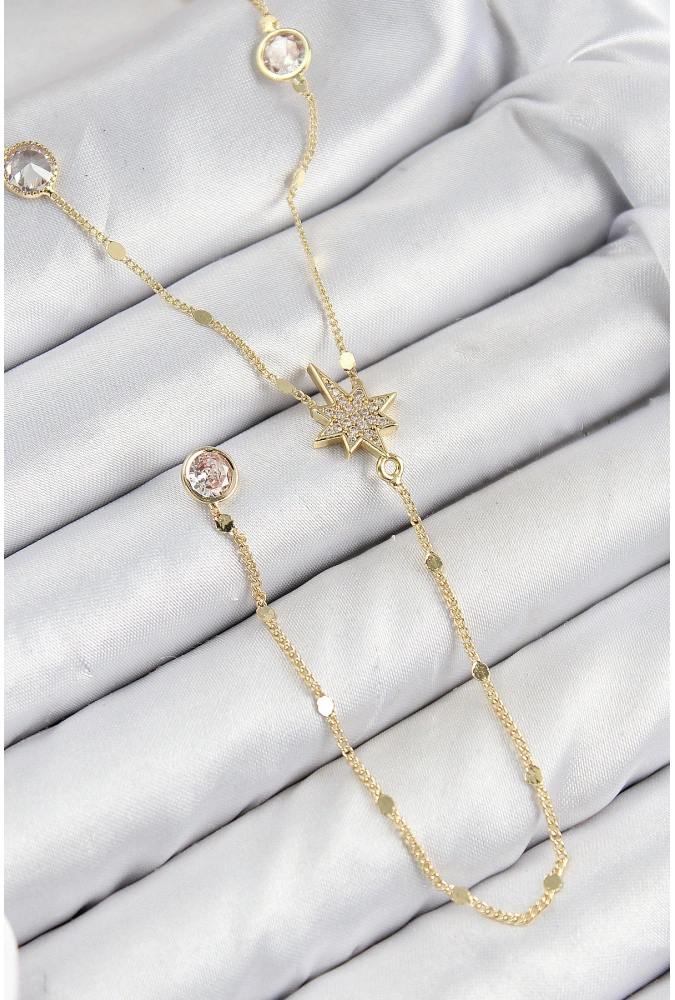 Shoecide Pirinç Zirkon Taşlı Kutup Yıldızı Model Gold Renk Y Kolye