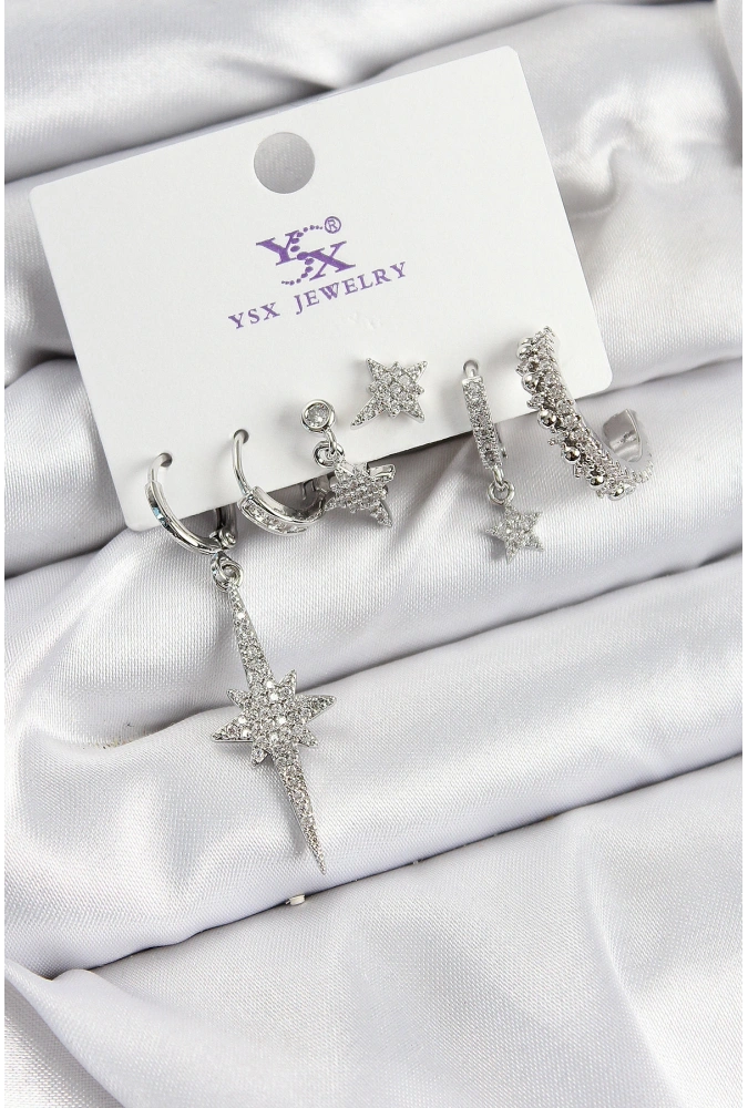 Shoecide Pirinç Zirkon Taşlı Kutup Yıldızı Model Gümüş Renk 3lü Çift Kadın Küpe