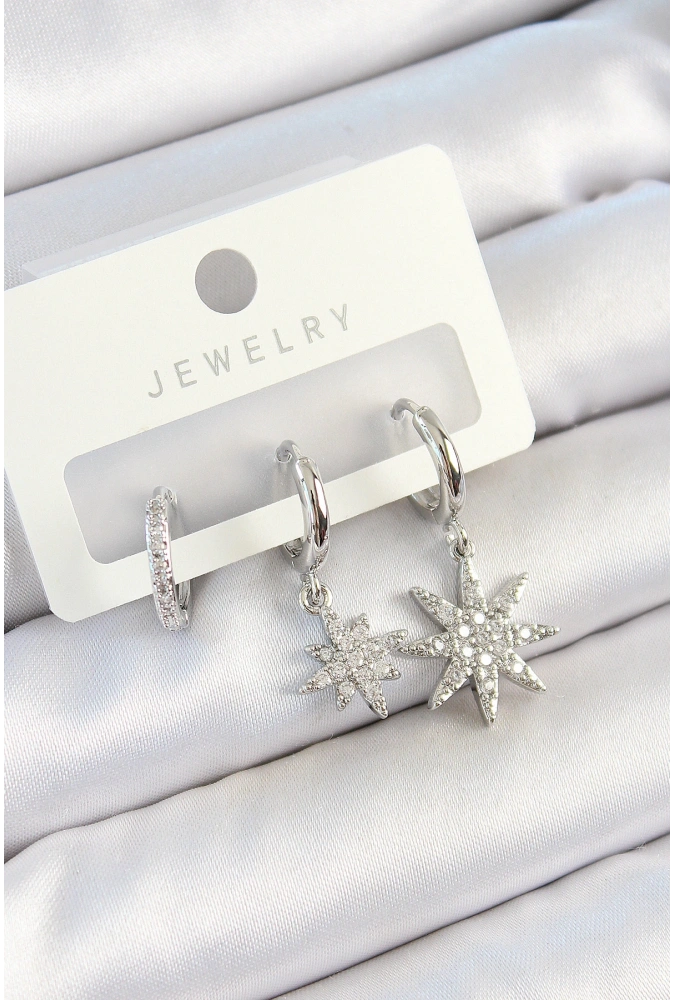 Shoecide Pirinç Zirkon Taşlı Kutup Yıldızı Model Gümüş Renk 3lü Çift Kadın Küpe Set