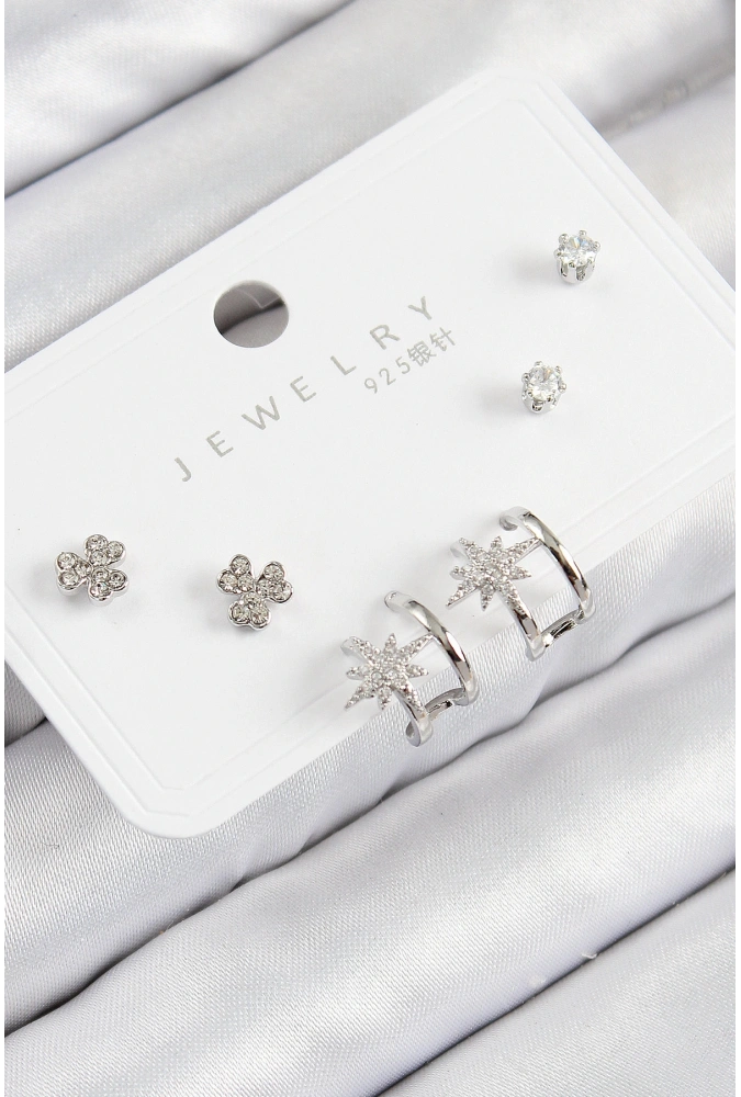 Shoecide Pirinç Zirkon Taşlı Kutup Yıldızı Model Gümüş Renk 925 Ayar Gümüş Çivi Kadın Küpe Set