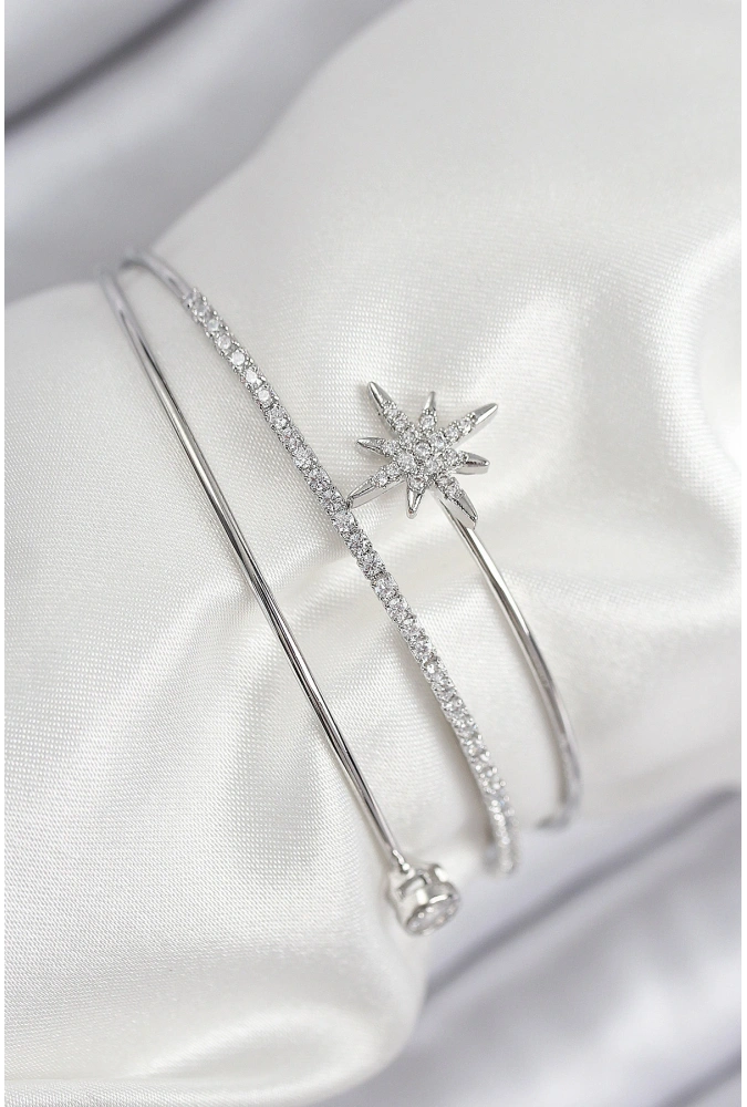Shoecide Pirinç Zirkon Taşlı Kutup Yıldızı Model Gümüş Renk Kadın Bileklik