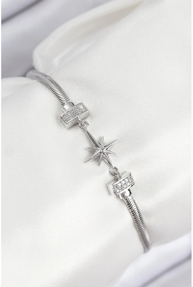 Shoecide Pirinç Zirkon Taşlı Kutup Yıldızı Model Gümüş Renk Kadın Bileklik
