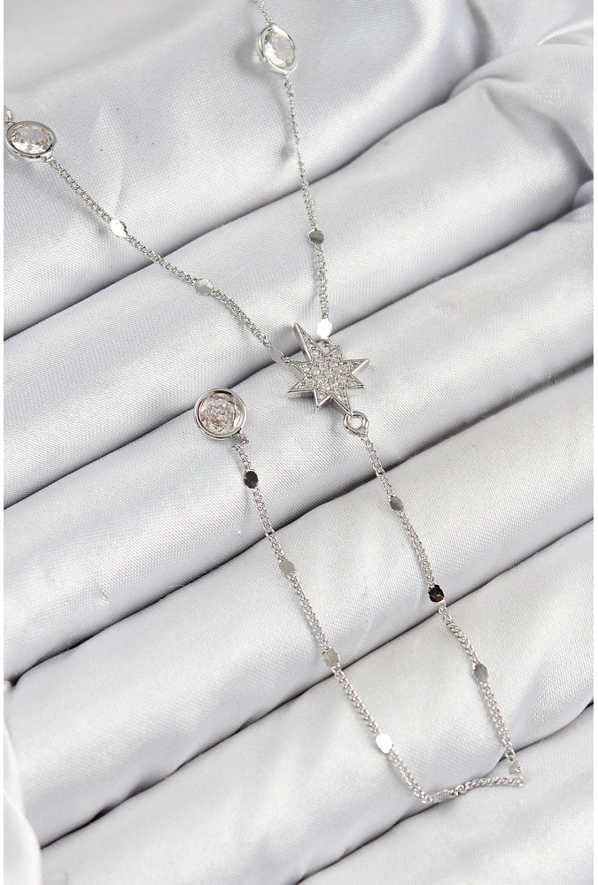 Shoecide Pirinç Zirkon Taşlı Kutup Yıldızı Model Gümüş Renk Y Kolye