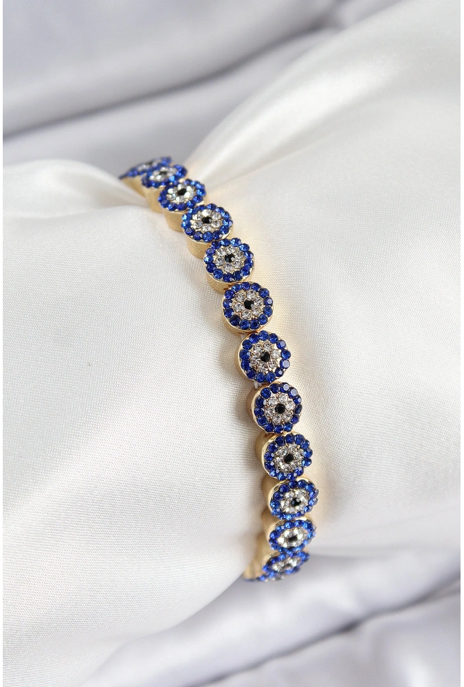 Shoecide Pirinç Zirkon Taşlı Lacivert Nazar Model Gold Renk Lastikli Kadın Bileklik