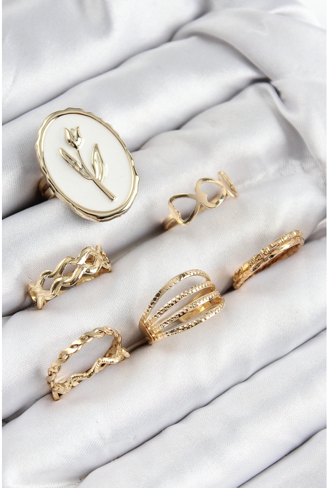 Shoecide Pirinç Zirkon Taşlı Lale Model Gold Renk Kadın Yüzük Kombin Set