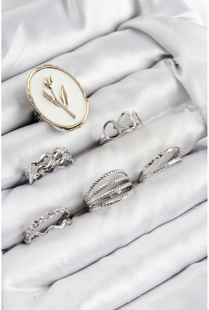 Shoecide Pirinç Zirkon Taşlı Lale Model Gümüş Renk Kadın Yüzük Kombin Set