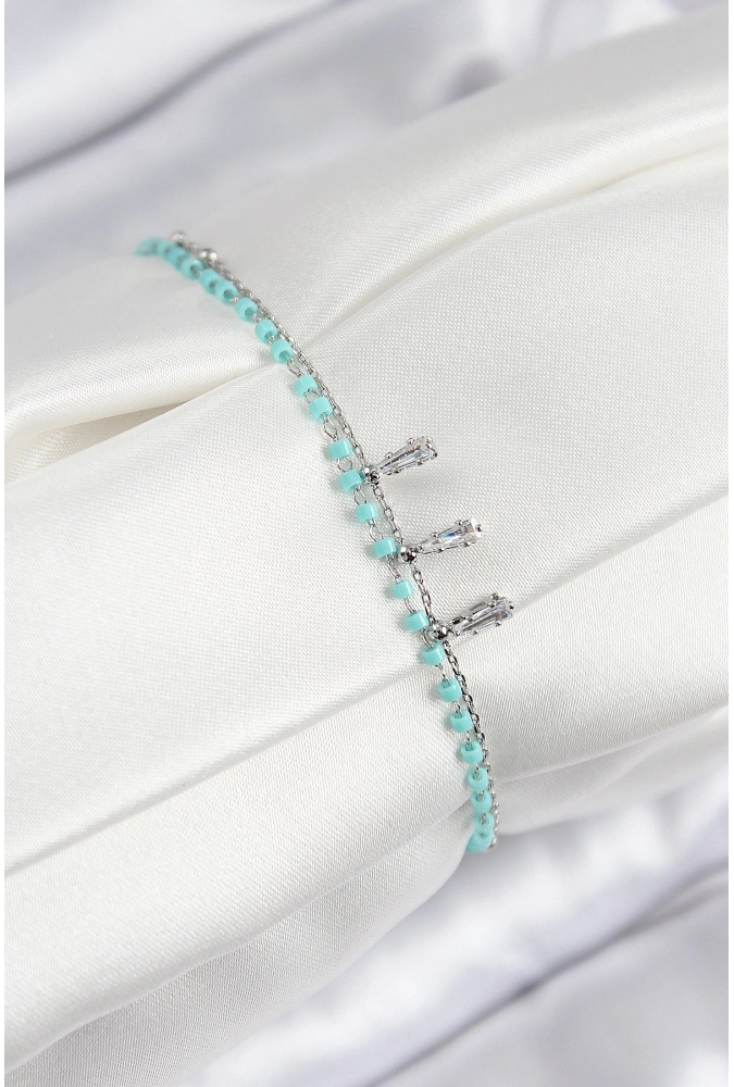 Shoecide Pirinç Zirkon Taşlı Mavi Boncuklu Model Gümüş Renk Kadın Bileklik