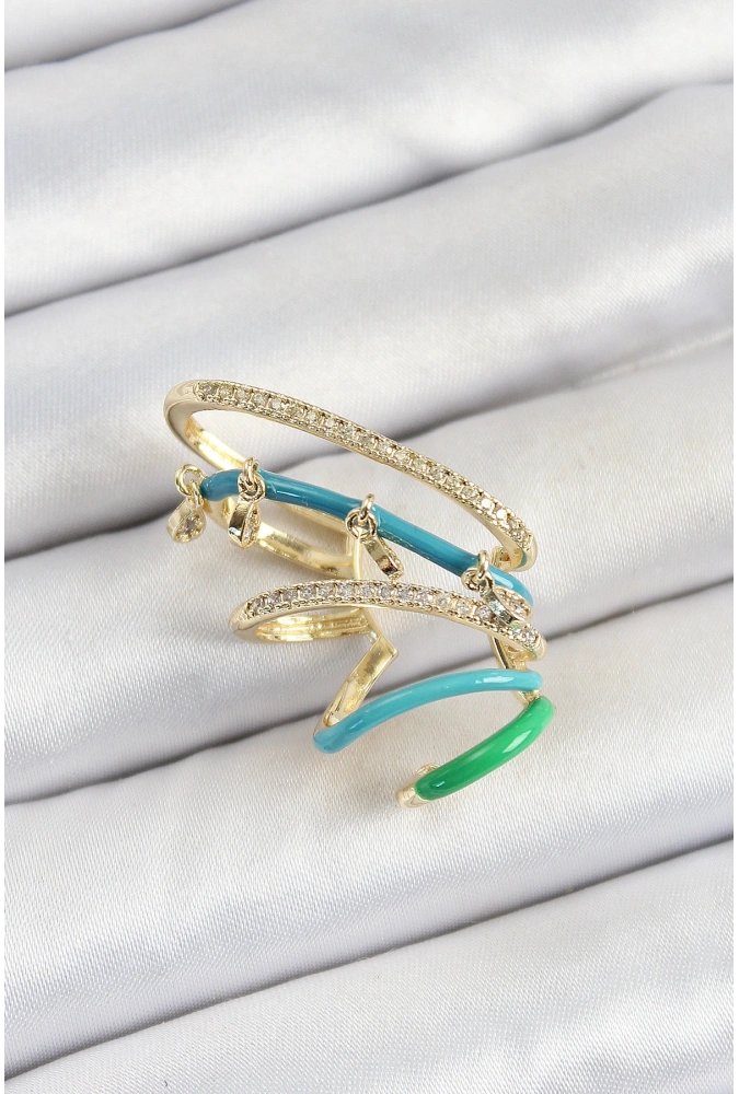 Shoecide Pirinç Zirkon Taşlı Mavi Yeşil Sıkıştırma Sağ Kıkırdak Gold Renk Kadın Küpe