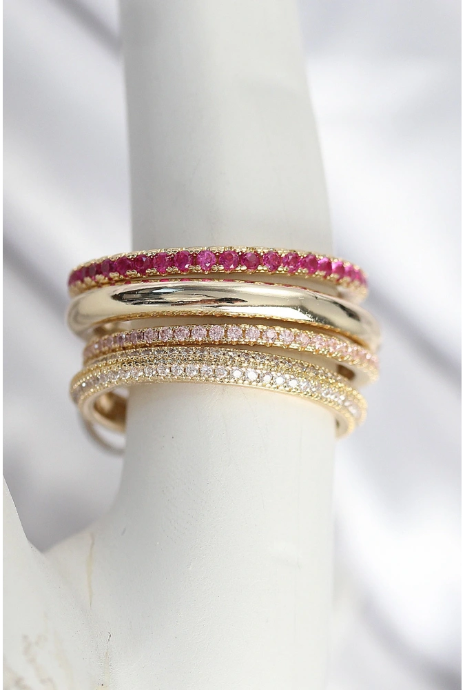 Shoecide Pirinç Zirkon Taşlı Mix Renk 3lü Kadın Yüzük