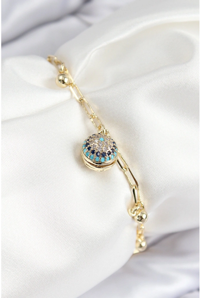 Shoecide Pirinç Zirkon Taşlı Nazar Boncuğu Model Gold Renk Kadın Bileklik