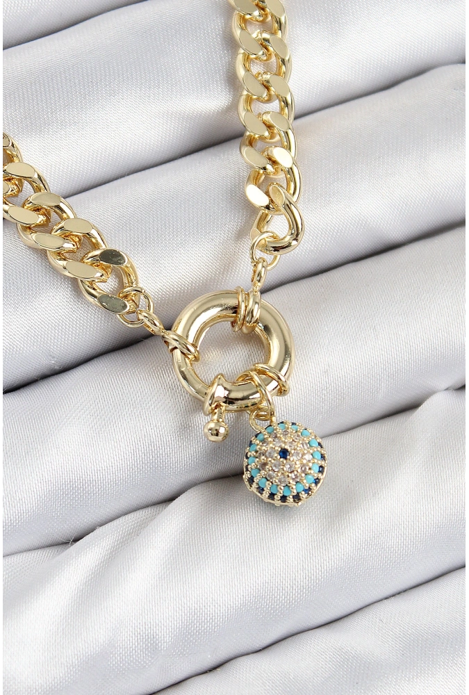 Shoecide Pirinç Zirkon Taşlı Nazar Boncuk Detaylı Klasik Zincir Model Gold Renk Kadın Kolye