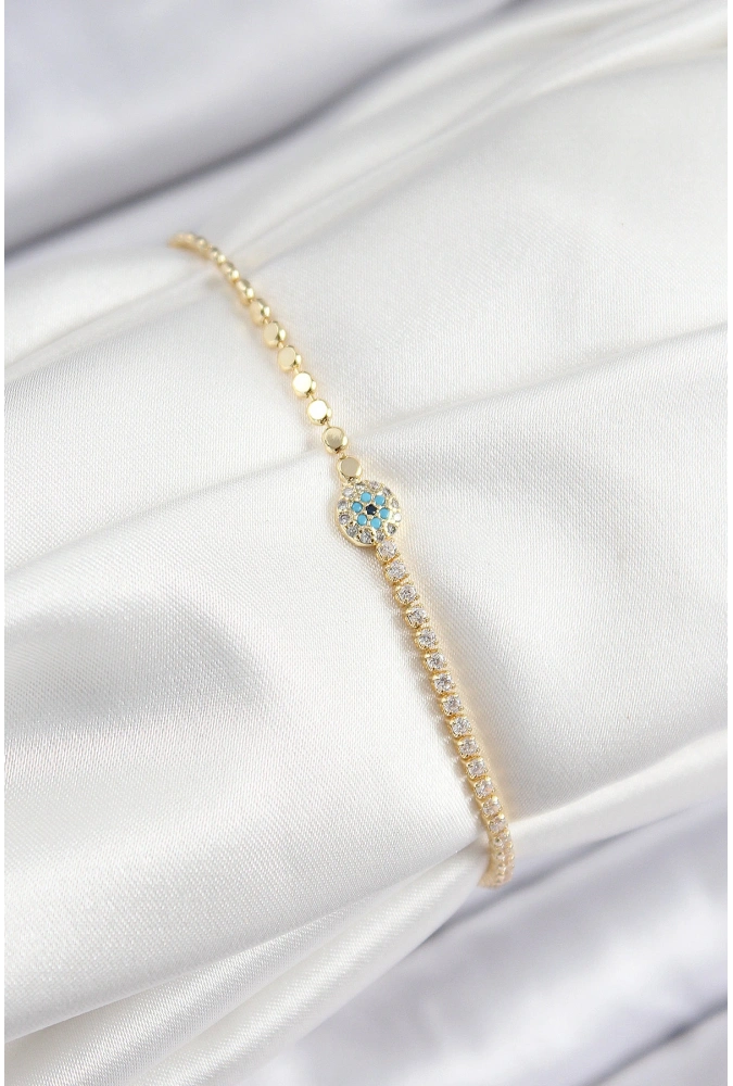 Shoecide Pirinç Zirkon Taşlı Nazar Model Ezme Zincir Gold Renk Kadın Bileklik