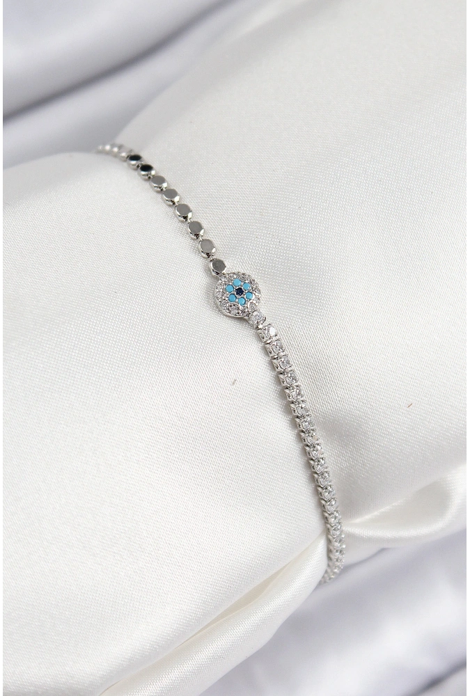 Shoecide Pirinç Zirkon Taşlı Nazar Model Ezme Zincir Gümüş Renk Kadın Bileklik