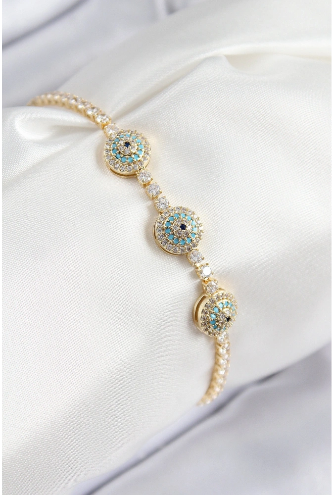 Shoecide Pirinç Zirkon Taşlı Nazar Model Gold Renk Kadın Bileklik