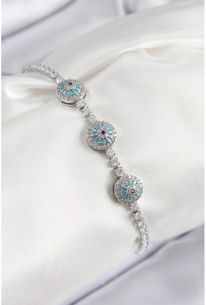 Shoecide Pirinç Zirkon Taşlı Nazar Model Gümüş Renk Kadın Bileklik