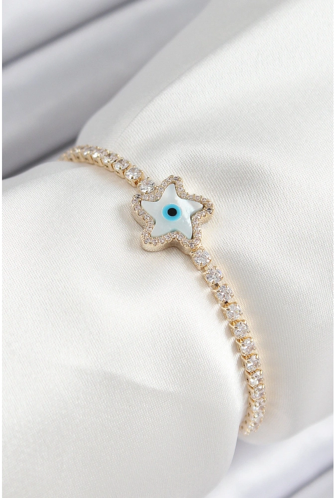 Shoecide Pirinç Zirkon Taşlı Nazar Yıldız Model Gold Renk Asansörlü Kadın Bileklik
