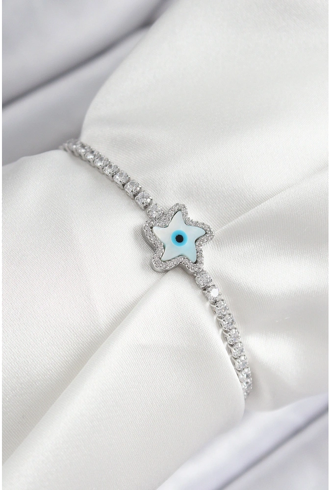 Shoecide Pirinç Zirkon Taşlı Nazar Yıldız Model Gümüş Renk Asansörlü Kadın Bileklik