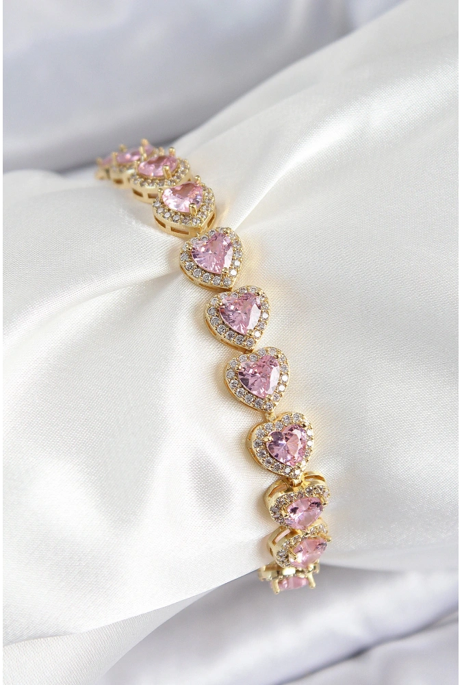 Shoecide Pirinç Zirkon Taşlı Pembe Kalp Baget Model Gold Renk Vıp Seri Kadın Bileklik