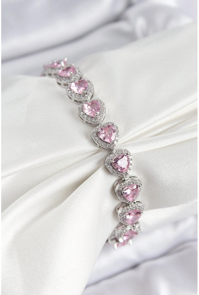 Shoecide Pirinç Zirkon Taşlı Pembe Kalp Baget Model Gümüş Renk Vıp Seri Kadın Bileklik