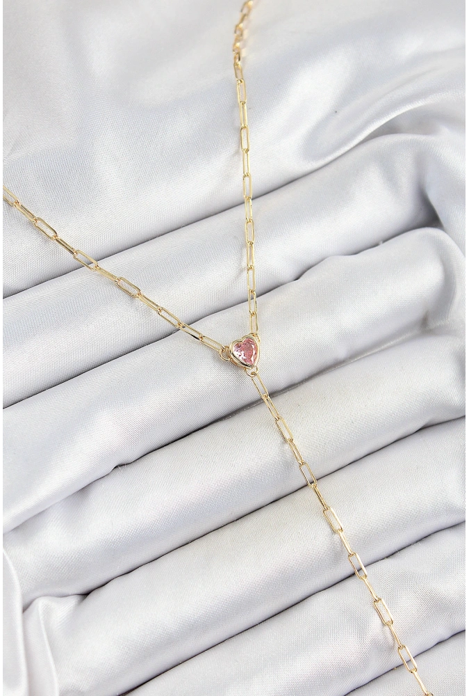 Shoecide Pirinç Zirkon Taşlı Pembe Kalp Figürlü Y Model Gold Renk Kadın Kolye